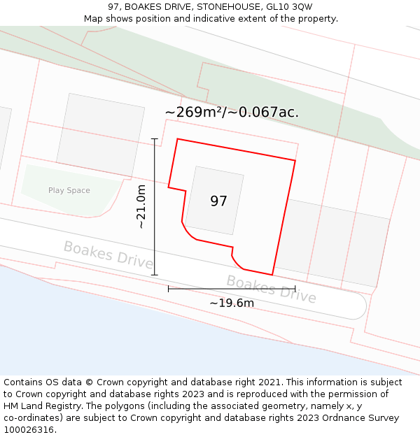 97, BOAKES DRIVE, STONEHOUSE, GL10 3QW: Plot and title map