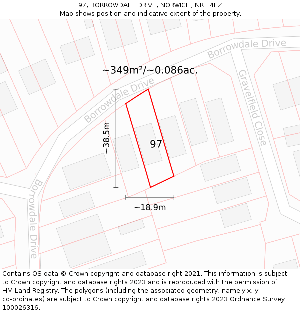 97, BORROWDALE DRIVE, NORWICH, NR1 4LZ: Plot and title map