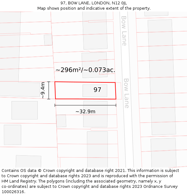 97, BOW LANE, LONDON, N12 0JL: Plot and title map