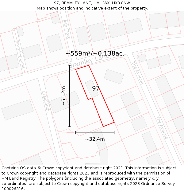 97, BRAMLEY LANE, HALIFAX, HX3 8NW: Plot and title map