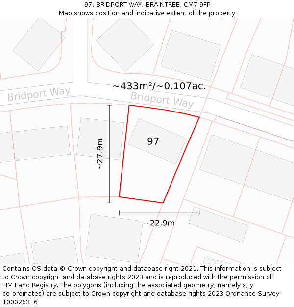 97, BRIDPORT WAY, BRAINTREE, CM7 9FP: Plot and title map