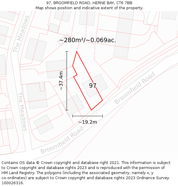 97, BROOMFIELD ROAD, HERNE BAY, CT6 7BB: Plot and title map