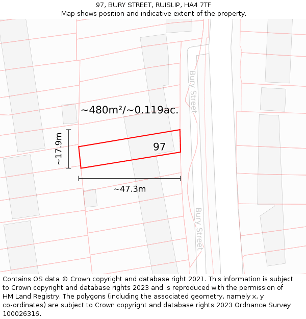97, BURY STREET, RUISLIP, HA4 7TF: Plot and title map