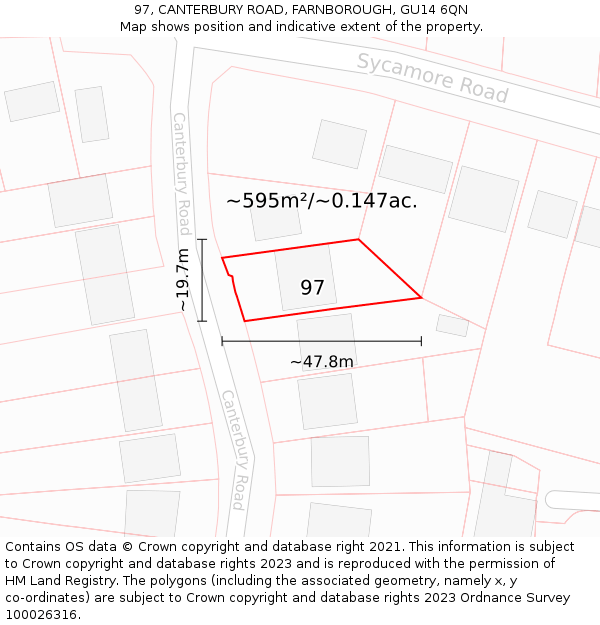 97, CANTERBURY ROAD, FARNBOROUGH, GU14 6QN: Plot and title map