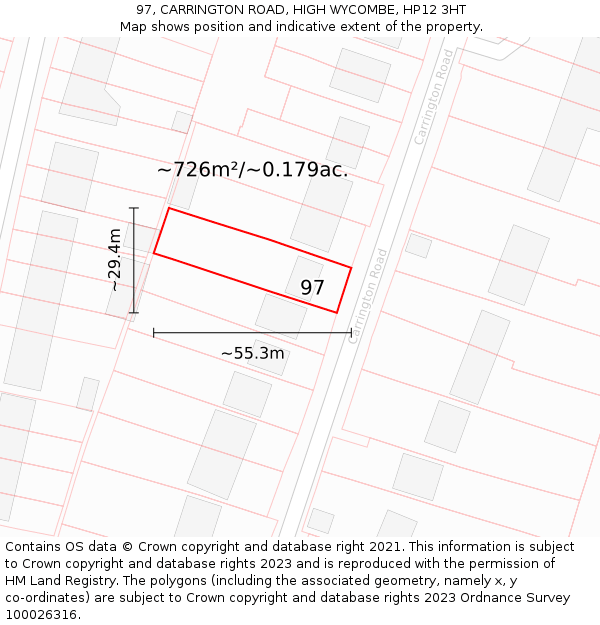 97, CARRINGTON ROAD, HIGH WYCOMBE, HP12 3HT: Plot and title map