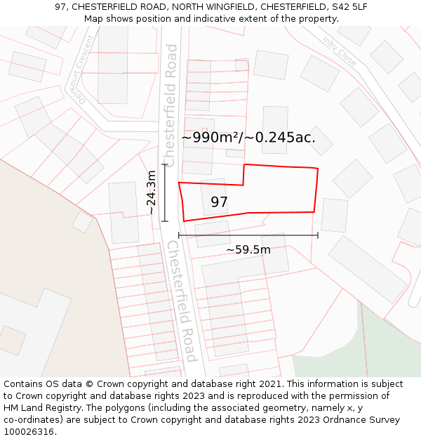 97, CHESTERFIELD ROAD, NORTH WINGFIELD, CHESTERFIELD, S42 5LF: Plot and title map