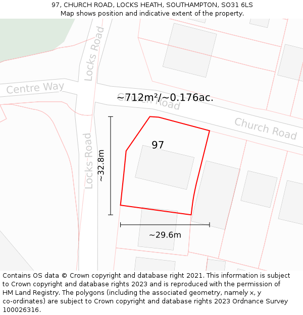 97, CHURCH ROAD, LOCKS HEATH, SOUTHAMPTON, SO31 6LS: Plot and title map