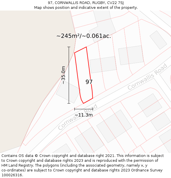 97, CORNWALLIS ROAD, RUGBY, CV22 7SJ: Plot and title map