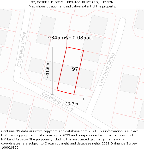 97, COTEFIELD DRIVE, LEIGHTON BUZZARD, LU7 3DN: Plot and title map