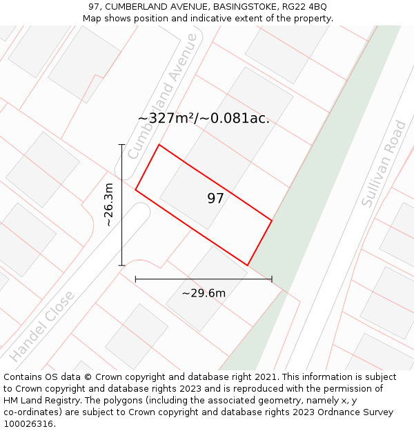 97, CUMBERLAND AVENUE, BASINGSTOKE, RG22 4BQ: Plot and title map