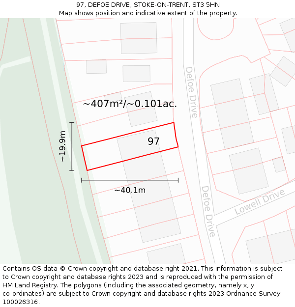 97, DEFOE DRIVE, STOKE-ON-TRENT, ST3 5HN: Plot and title map