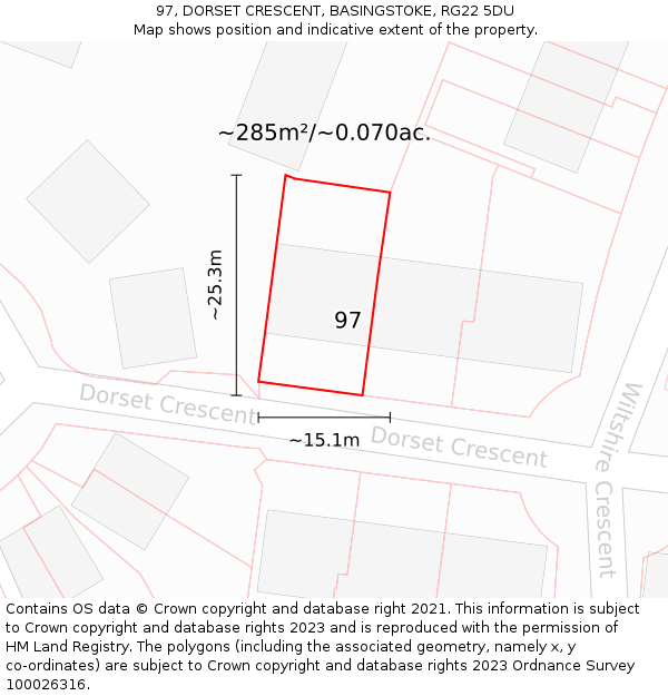 97, DORSET CRESCENT, BASINGSTOKE, RG22 5DU: Plot and title map