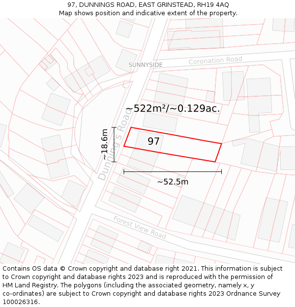 97, DUNNINGS ROAD, EAST GRINSTEAD, RH19 4AQ: Plot and title map