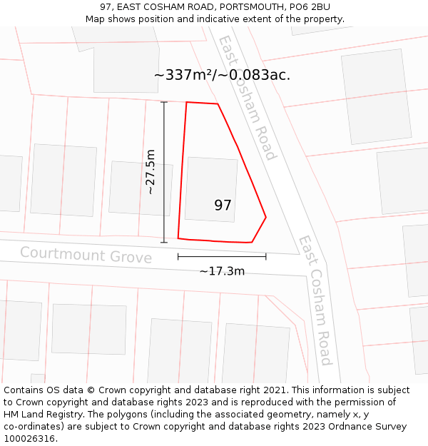 97, EAST COSHAM ROAD, PORTSMOUTH, PO6 2BU: Plot and title map