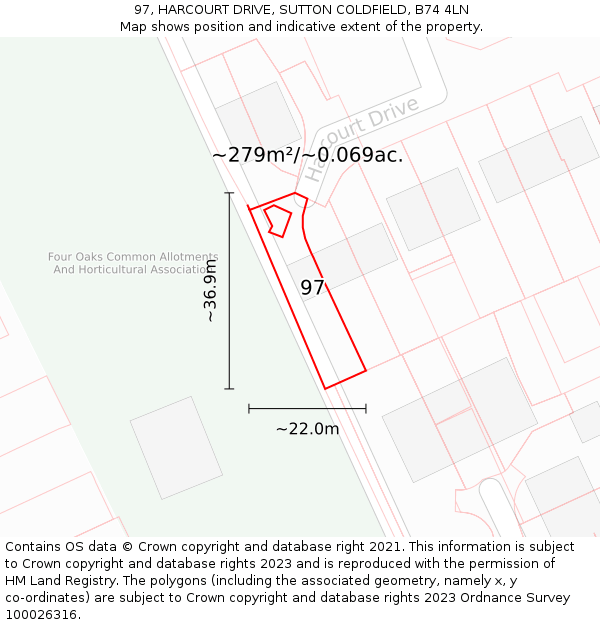 97, HARCOURT DRIVE, SUTTON COLDFIELD, B74 4LN: Plot and title map