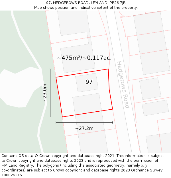 97, HEDGEROWS ROAD, LEYLAND, PR26 7JR: Plot and title map