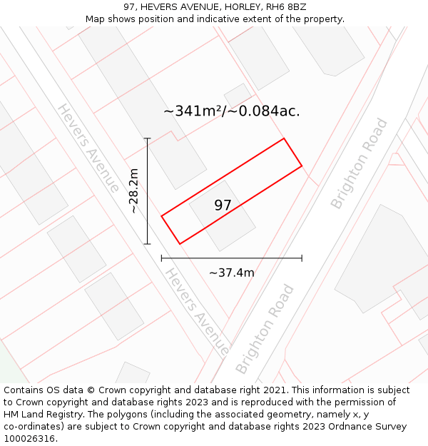 97, HEVERS AVENUE, HORLEY, RH6 8BZ: Plot and title map