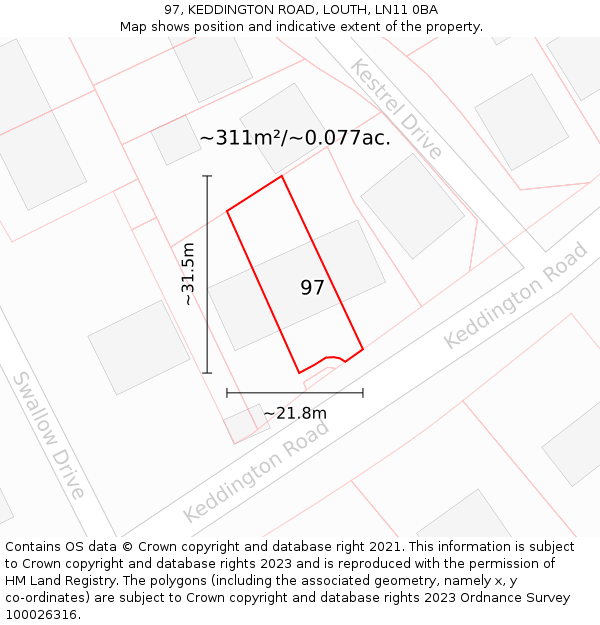 97, KEDDINGTON ROAD, LOUTH, LN11 0BA: Plot and title map