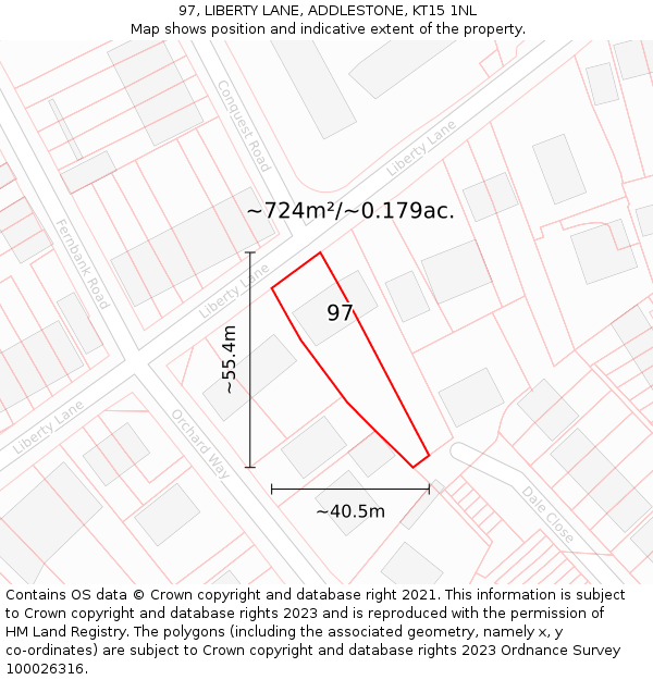 97, LIBERTY LANE, ADDLESTONE, KT15 1NL: Plot and title map