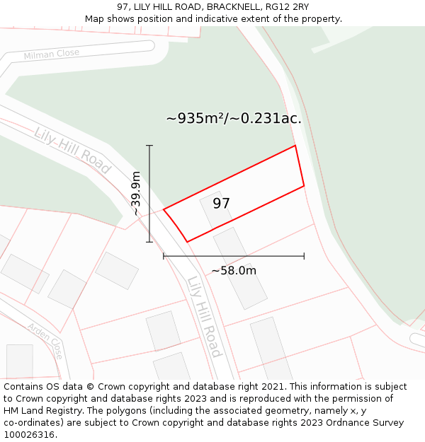97, LILY HILL ROAD, BRACKNELL, RG12 2RY: Plot and title map