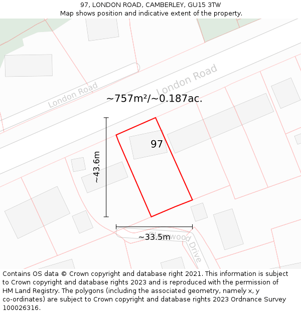 97, LONDON ROAD, CAMBERLEY, GU15 3TW: Plot and title map