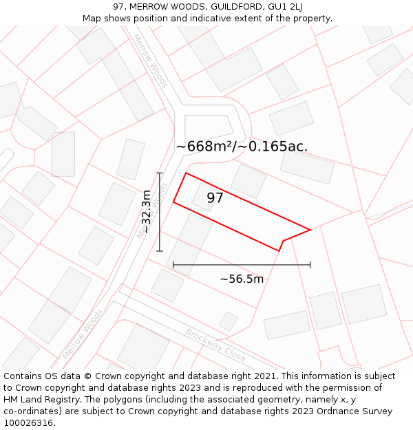 97, MERROW WOODS, GUILDFORD, GU1 2LJ: Plot and title map