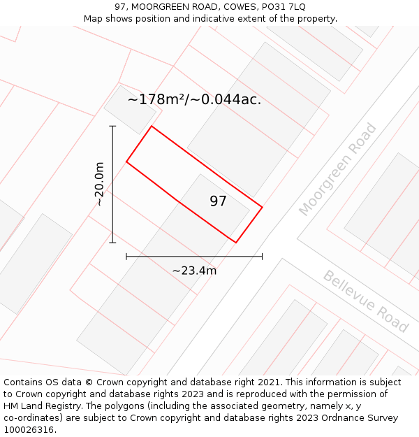 97, MOORGREEN ROAD, COWES, PO31 7LQ: Plot and title map