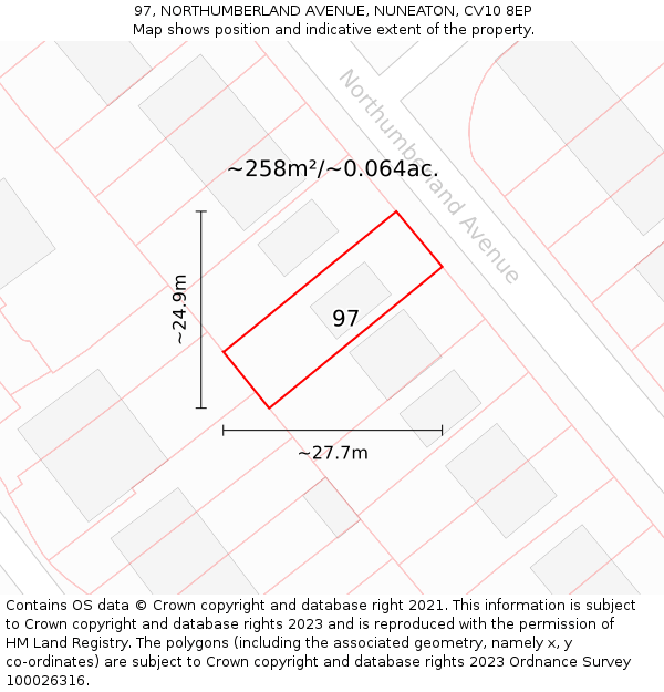 97, NORTHUMBERLAND AVENUE, NUNEATON, CV10 8EP: Plot and title map