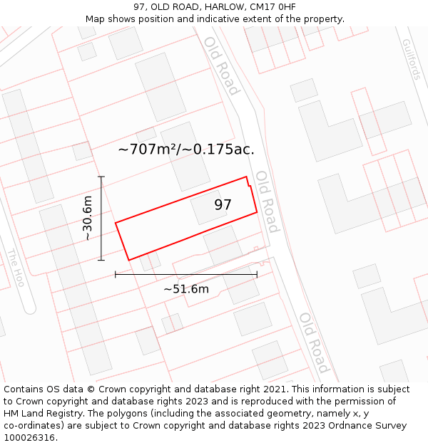 97, OLD ROAD, HARLOW, CM17 0HF: Plot and title map