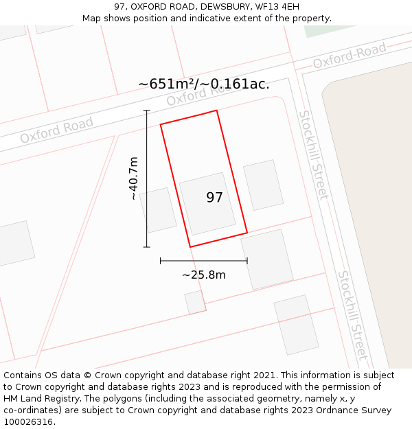 97, OXFORD ROAD, DEWSBURY, WF13 4EH: Plot and title map