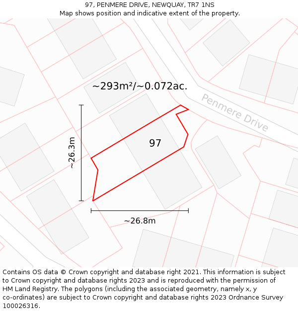 97, PENMERE DRIVE, NEWQUAY, TR7 1NS: Plot and title map