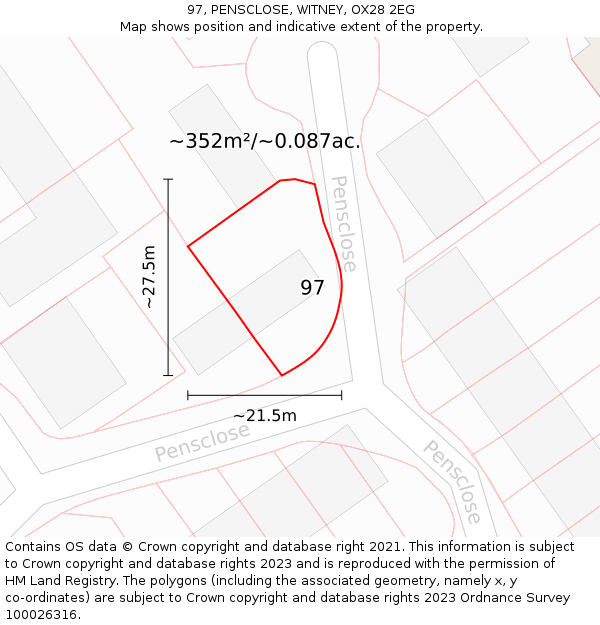 97, PENSCLOSE, WITNEY, OX28 2EG: Plot and title map