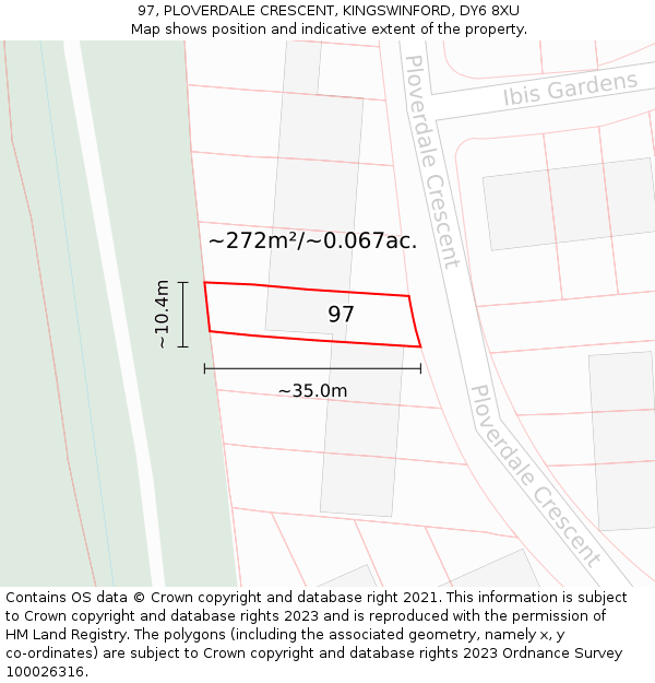 97, PLOVERDALE CRESCENT, KINGSWINFORD, DY6 8XU: Plot and title map