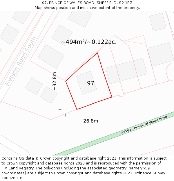97, PRINCE OF WALES ROAD, SHEFFIELD, S2 1EZ: Plot and title map