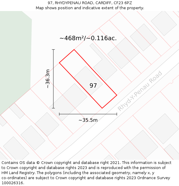 97, RHYDYPENAU ROAD, CARDIFF, CF23 6PZ: Plot and title map