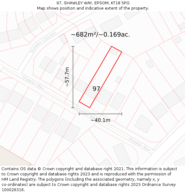 97, SHAWLEY WAY, EPSOM, KT18 5PG: Plot and title map