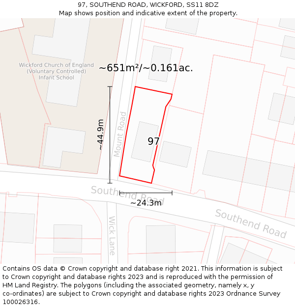 97, SOUTHEND ROAD, WICKFORD, SS11 8DZ: Plot and title map