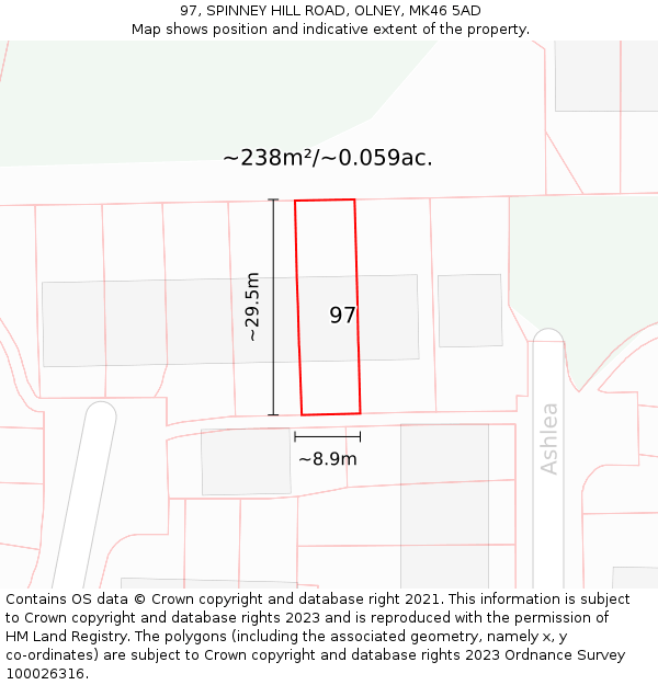 97, SPINNEY HILL ROAD, OLNEY, MK46 5AD: Plot and title map