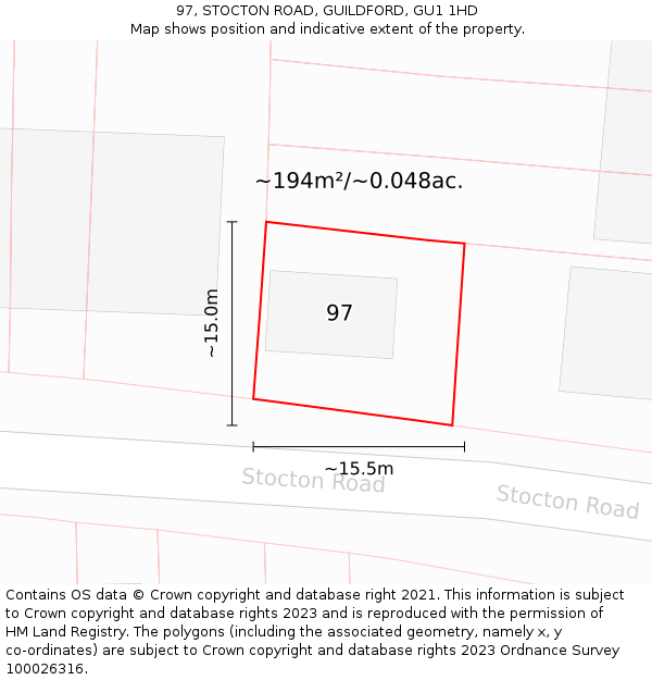 97, STOCTON ROAD, GUILDFORD, GU1 1HD: Plot and title map