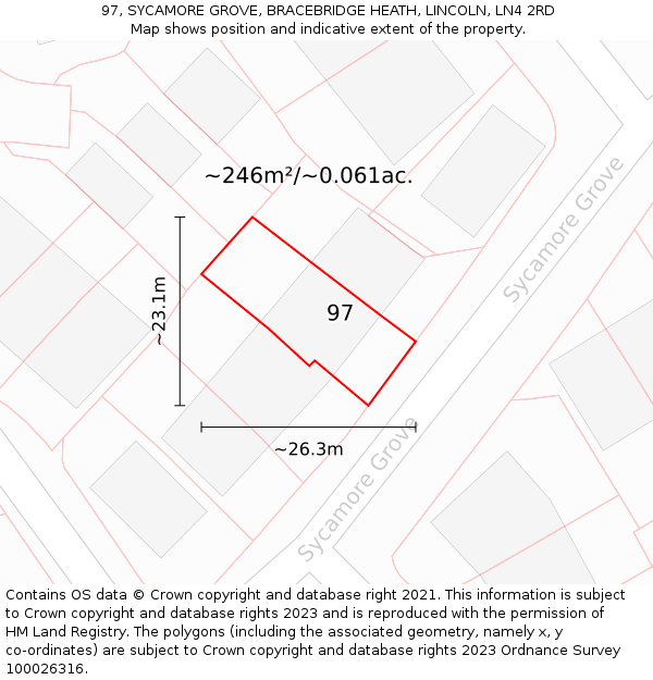 97, SYCAMORE GROVE, BRACEBRIDGE HEATH, LINCOLN, LN4 2RD: Plot and title map