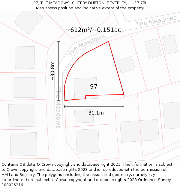 97, THE MEADOWS, CHERRY BURTON, BEVERLEY, HU17 7RL: Plot and title map