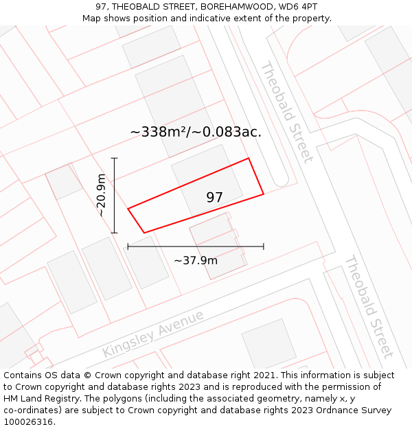 97, THEOBALD STREET, BOREHAMWOOD, WD6 4PT: Plot and title map