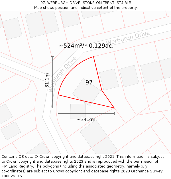 97, WERBURGH DRIVE, STOKE-ON-TRENT, ST4 8LB: Plot and title map