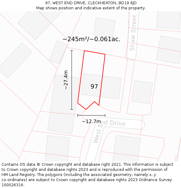 97, WEST END DRIVE, CLECKHEATON, BD19 6JD: Plot and title map