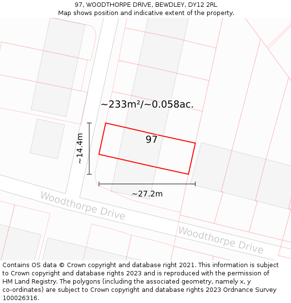 97, WOODTHORPE DRIVE, BEWDLEY, DY12 2RL: Plot and title map