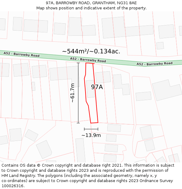 97A, BARROWBY ROAD, GRANTHAM, NG31 8AE: Plot and title map