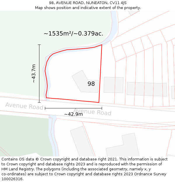 98, AVENUE ROAD, NUNEATON, CV11 4JS: Plot and title map