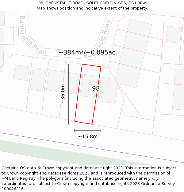 98, BARNSTAPLE ROAD, SOUTHEND-ON-SEA, SS1 3PW: Plot and title map