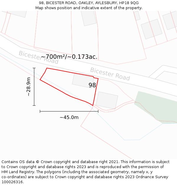 98, BICESTER ROAD, OAKLEY, AYLESBURY, HP18 9QG: Plot and title map