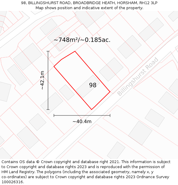 98, BILLINGSHURST ROAD, BROADBRIDGE HEATH, HORSHAM, RH12 3LP: Plot and title map